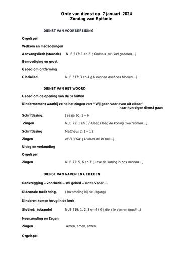 Orde van dienst en zondagsbrief 7 januari 2024
