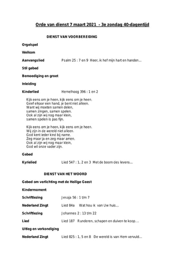 Orde van dienst en zondagsbrief 7 maart 2021