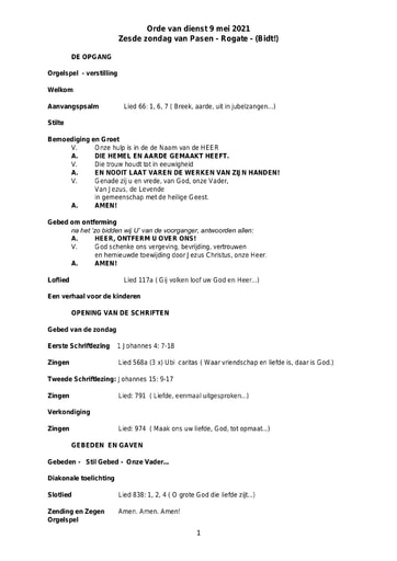 Orde van dienst  en zondagsbrief 9 mei Wemeldinge